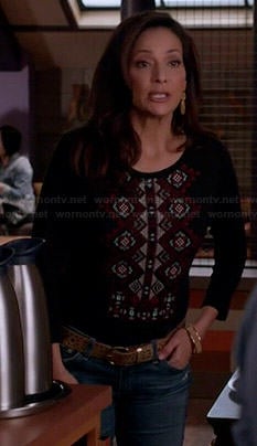 Regina’s black embroidered front top on Switched at Birth