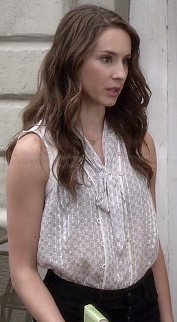 Spencer’s grey bow front top and black button fly jeans on Pretty Little Liars