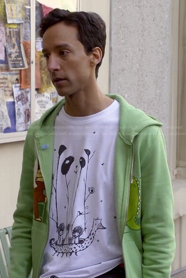 Abed's panda tee and King Kong / Godzilla hoodie on Community