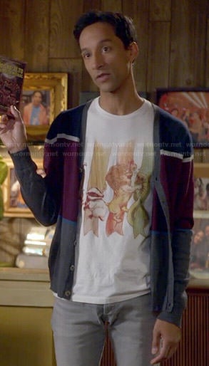 Abed’s Harry Potter houses tee and colorblock cardigan on Community