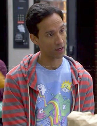 Abed's rainbow graphic tee and orange striped hoodie on Community