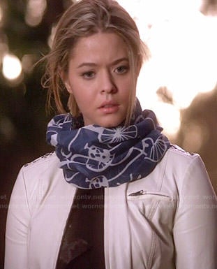 Ali’s white leather jacket with lace up sleeves and blue bicycle print scarf on Pretty Little Liars