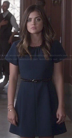 Aria’s blue short sleeve dress with leather neckline on Pretty Little Liars