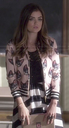 Aria's pink cat print bomber jacket and striped maxi dress on Pretty Little Liars