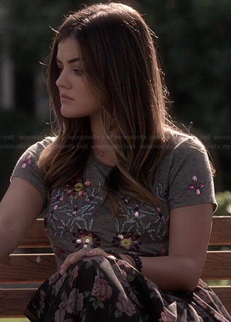 Aria's grey floral beaded top and rose print skirt on Pretty Little Liars