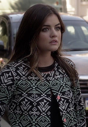 Aria's geometric print coat and black cutout top on Pretty Little Liars