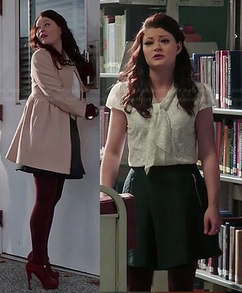 Belle's white lace top, green zip front skirt and light pink coat on Once Upon a Time