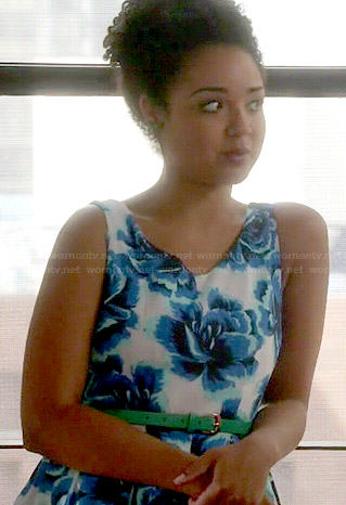 Beth's blue and white floral dress on Chasing Life