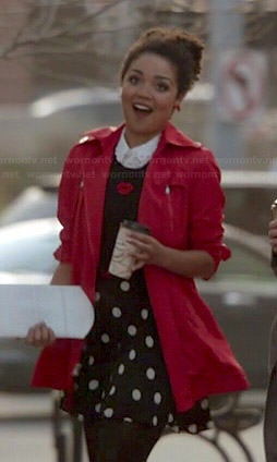 Beth’s lips print sweater, polka dot skirt and red coat on Chasing Life