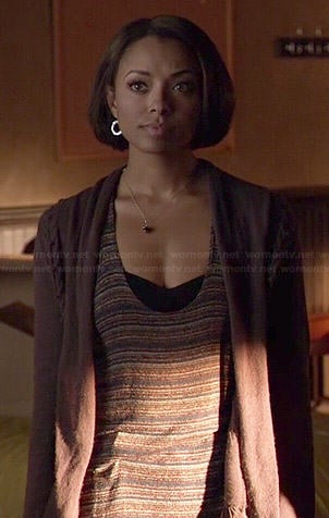 Bonnie’s striped tank top and purple cable knit cardigan on The Vampire Diaries