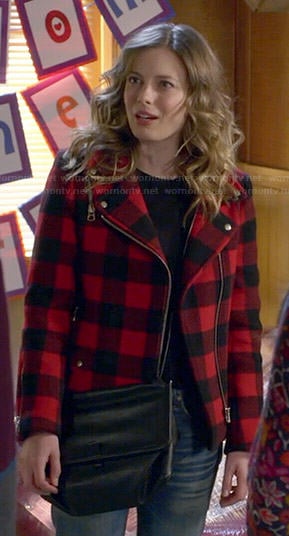 Britta’s red buffalo checked moto coat on Community