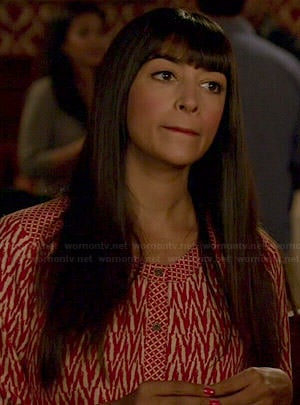 Cece's red and white zig zag print romper on New Girl