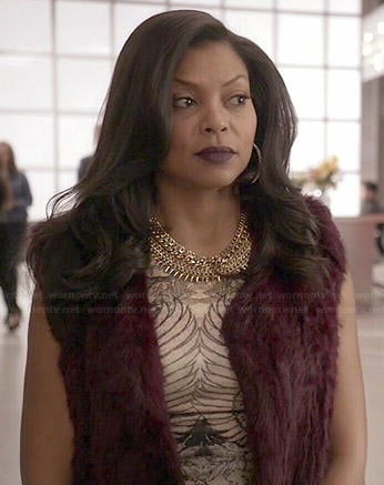 Cookie's printed dress and burgundy fur vest on Empire