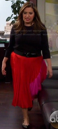 Cristela's red and pink colorblock pleated skirt on Cristela