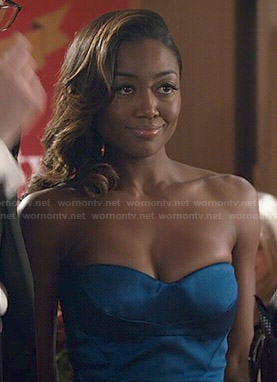 Daisy's blue strapless peplum gown on Madam Secretary