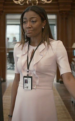 Daisy’s pink ruffled front keyhole dress on Madam Secretary