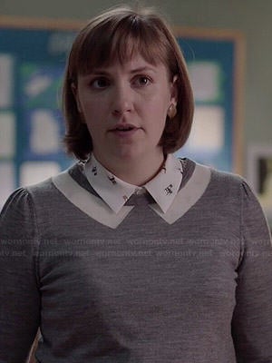 Hannah’s chair print shirt and grey collared sweater on Girls