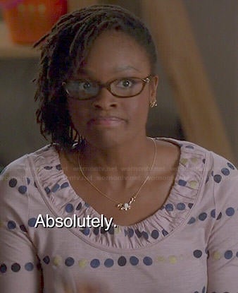 Iris’s polka dot top with ruched neckline on Switched at Birth