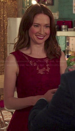 Kimmy's red v-back lace dress on Unbreakable Kimmy Schmidt