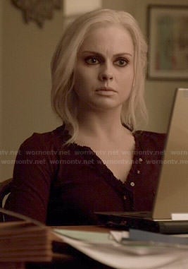 Liv’s burgundy henley top with ruffled trim on iZombie