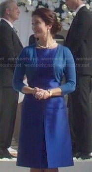 Mellie's blue a-line dress and shrug on Scandal