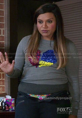 Mindy's embellished heart sweater on The Mindy Project