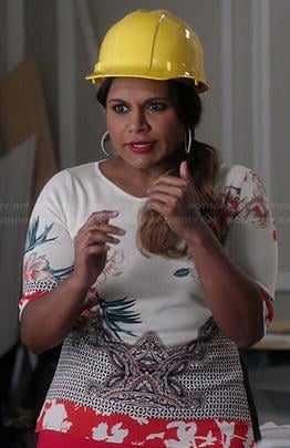 Mindy’s white and orange printed top on The Mindy Project