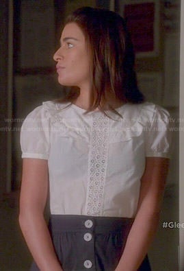 Rachel’s white lace front top with ruffles and button front skirt on Glee