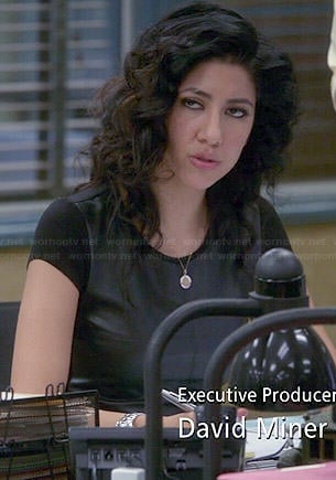 Rosa's black leather front tee on Brooklyn Nine-Nine