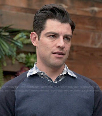 Schmidt’s navy blue two-tone sweater on New Girl