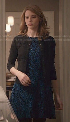 Stevie's blue and black floral lace dress on Madam Secretary