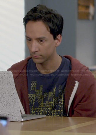 Abed's blue city print t-shirt on Community