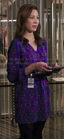 Angela's purple printed v-neck dress on Bones