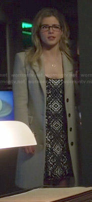 Felicity's printed dress and grey coat on Arrow