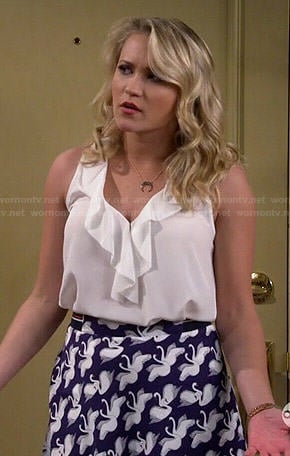 Gabi's swan print skirt and white ruffle top on Young and Hungry
