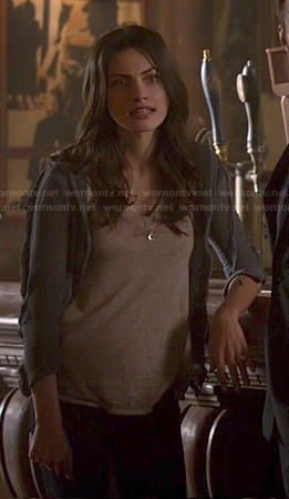 Hayley's v-neck top and blue raw edge cardigan on The Originals