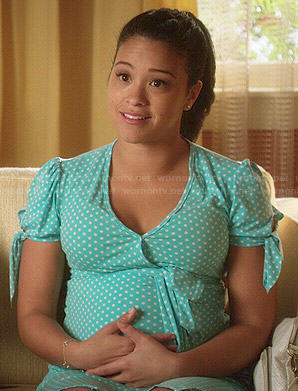 Jane's aqua green polka dot wrap dress on Jane the Virgin