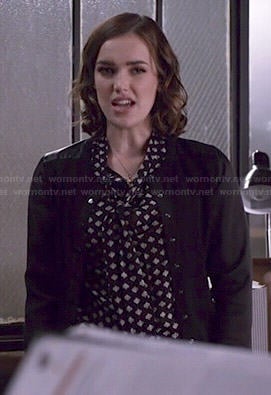 Jemma's spade printed blouse and leather shoulder cardigan on Agents of SHIELD