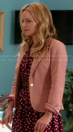 Caryn's red printed shirtdress and pink herringbone blazer on Weird Loners