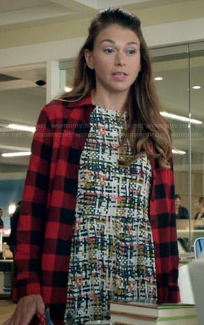 Liza's printed dress and long red buffalo checked shirt on Younger