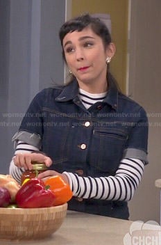 Mandy’s striped long sleeve top and short sleeve denim jacket on Last Man Standing