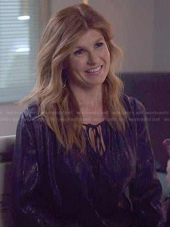 Rayna's blue metallic keyhole blouse on Nashville