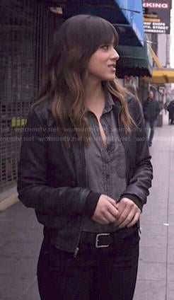 Skye's grey chambray shirt and leather bomber jacket on Agents of SHIELD