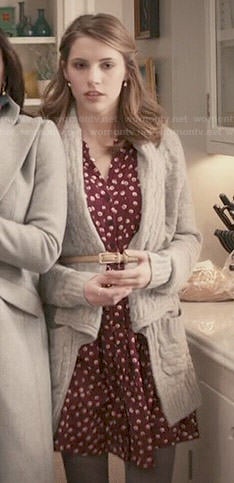 Stevie's red printed dress and chunky knit cardigan on Madam Secretary