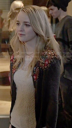 Taylor's floral embroidered cardigan on Finding Carter