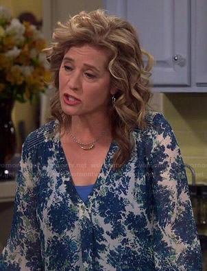 Vanessa's blue printed v-neck blouse on Last Man Standing