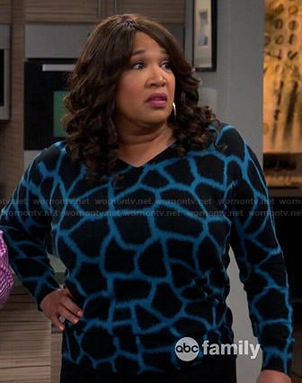 Yolanda’s blue giraffe print sweater on Young and Hungry