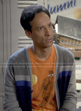 Abed’s orange skater graphic t-shirt on Community
