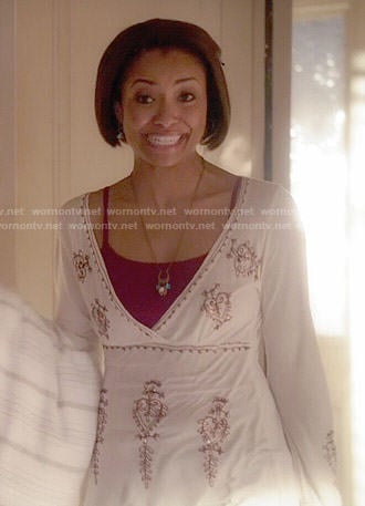 Bonnie’s white embroidered bell-sleeve top on The Vampire Diaries