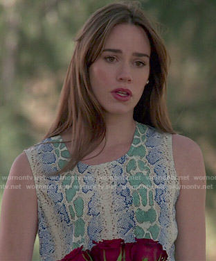 Charlottes blue and green snake print top and culottes on Revenge